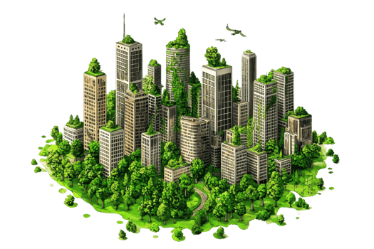 Illustration of a green cityscape with lush vegetation covering skyscrapers and streets, symbolizing eco-friendly urban living. png