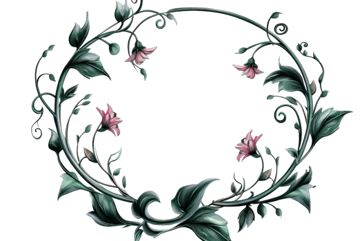 Intricate floral vine wreath with pink blossoms and green leaves. Elegant ornament for decorative design and creative projects. png
