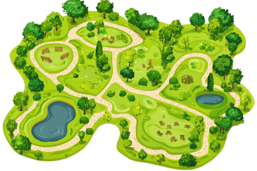 Illustrated aerial view of a vibrant park scene, featuring lush greenery, winding paths, and tranquil ponds for a relaxing outdoor experience. png