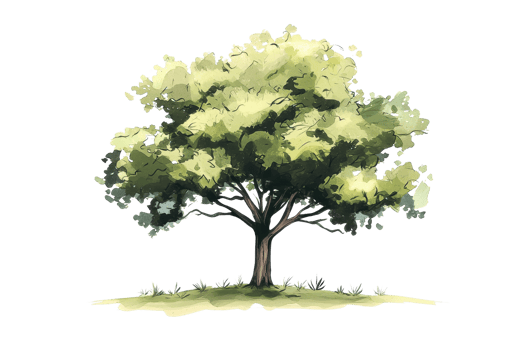 Illustration of a beautiful tree with lush green foliage, standing alone in a grassy field, evoking a sense of calm and natural beauty. png