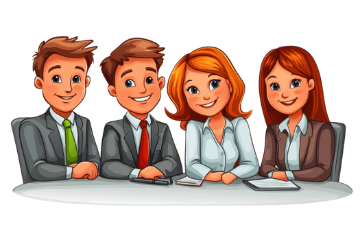 Illustration of a cheerful business team of four sitting at a table, professionally dressed and smiling, ready for a meeting. png