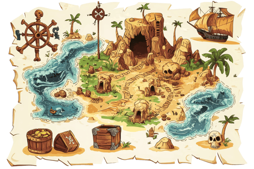 Illustrated treasure map with islands, pirate ship, and hidden paths. Perfect for adventure-themed designs or storytelling visuals. png
