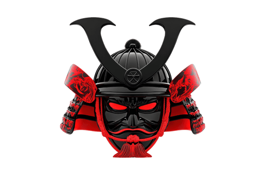 Illustration of a traditional samurai helmet with fierce red eyes, showcasing strength and warrior spirit in dynamic design. png