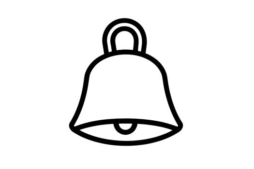 Minimalist black line art of a bell on a transparent background, symbolizing notification, alert, and reminder functionality. png