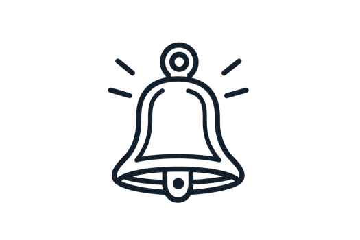 Minimalistic black outline illustration of a single bell symbol with decorative lines, isolated on a transparent background. png