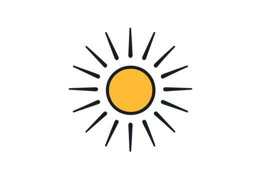 Simple illustration of a sun icon with a bright yellow center and stylized black rays, representing sunshine and warmth. png