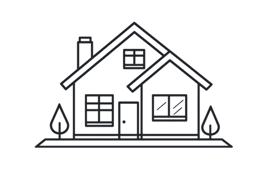 Minimalist outline of a house with triangular roof, windows, door, and trees. Ideal for real estate, architecture, or home design concepts. png