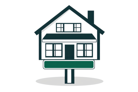 Minimalistic house icon with a signpost representing real estate concepts like home sale, property, and rent. Isolated on white. png