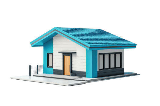 Modern small house with blue roof and white siding, featuring a cozy porch and large windows, isolated on transparent background. Ideal for projects. png