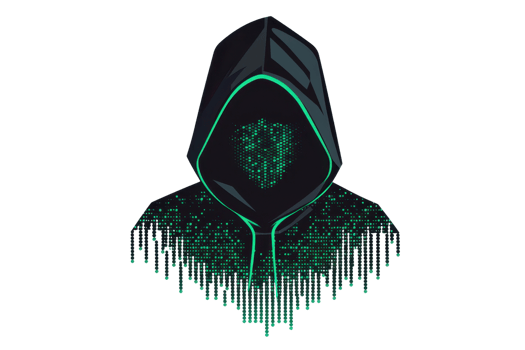 Mysterious digital figure in a hooded cloak with a heart-shaped matrix face, symbolizing cyber security and digital anonymity. png