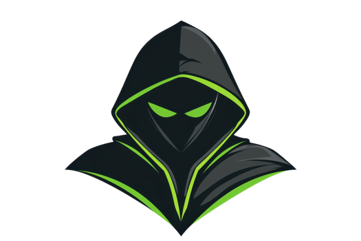 Mysterious hooded figure with glowing green eyes in dark cloak, embodying enigma, secrecy, and intrigue in a minimalist graphic style. png