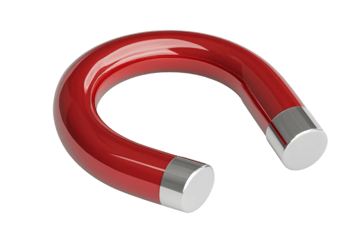 Red U-shaped magnet with metallic ends isolated on transparent background. symbolizing attraction and magnetism, ideal for educational concepts. png