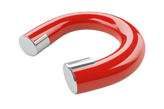 Red horseshoe magnet with silver tips, isolated on transparent background. demonstrating the concept of attraction and magnetic force in physics. png