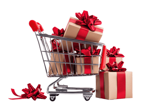 Shopping cart filled with gift boxes wrapped in brown paper and red ribbons, ideal for holiday and shopping themes. png