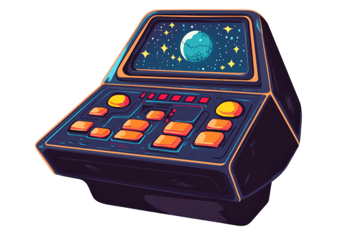 Retro futuristic control panel with vibrant buttons and cosmic screen showcasing stars and a planet, perfect for sci-fi and technology themes. png