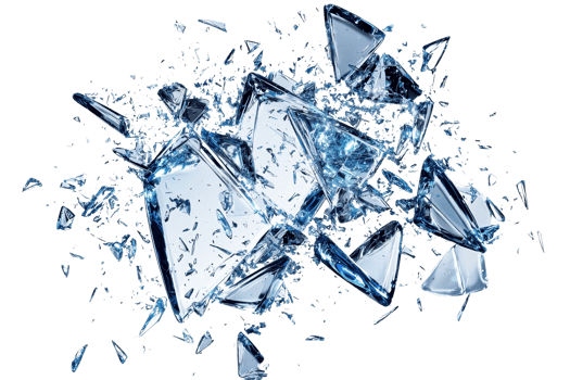 Shattered glass pieces scattered in mid-air against a transparent background, capturing an abstract and dynamic scene of breaking and motion. png