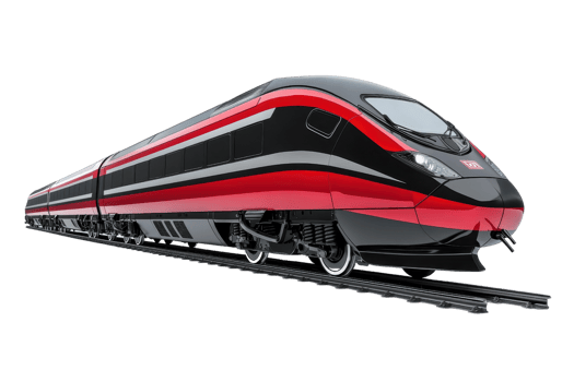 Sleek modern high-speed train in motion on tracks, showcasing cutting-edge design and technology in vibrant red and black colors. png