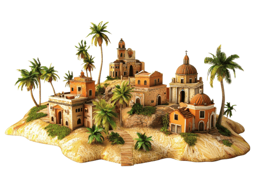 Miniature Mediterranean village with palm trees, showcasing traditional architecture and rustic charm on a sunny day. png