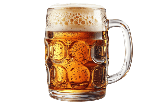 Refreshing amber beer in a clear glass mug with frothy head, isolated on transparent background. showcasing carbonation and rich color. png