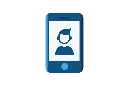illustration of a blue smartphone icon with a user avatar on the screen, representing communication and technology. png