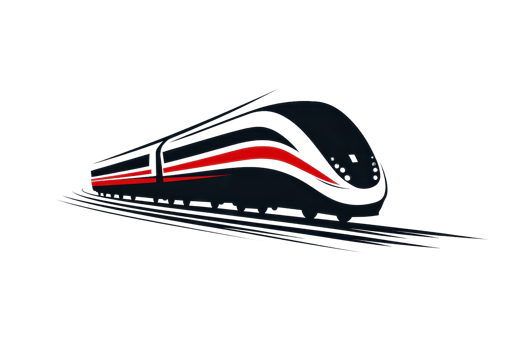 Stylized illustration of a high-speed bullet train in motion, showcasing sleek design and modern technology on railway tracks. png