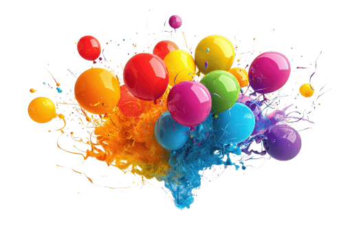 Vibrant explosion of colorful balloons in mid-air, surrounded by splashes of paint, creating a lively and dynamic composition. png