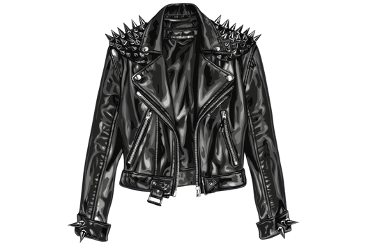 Stylish black leather jacket with spikes, perfect for a bold fashion statement. Ideal for punk or edgy street style enthusiasts. png