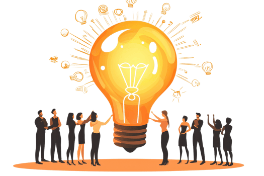 Team of people surrounding and collaborating on a giant lightbulb. Concept of teamwork, innovation, and idea generation. png