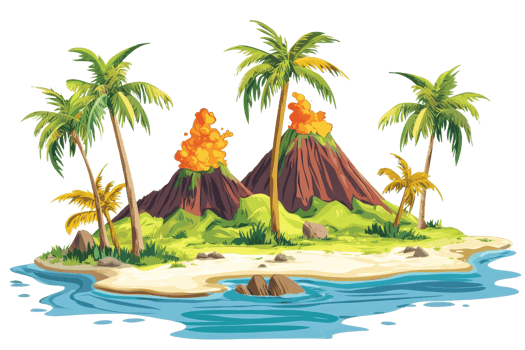 Tropical island with lush palm trees and active volcanoes, surrounded by crystal-clear water, capturing the essence of nature's fiery beauty. png
