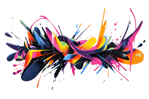 Vibrant abstract graffiti art with a colorful fusion of shapes and splashes on a dark background, expressing creativity and urban culture. png