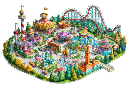 Vibrant amusement park illustration with rides, roller coasters, and colorful attractions, offering a fun-filled family adventure. png