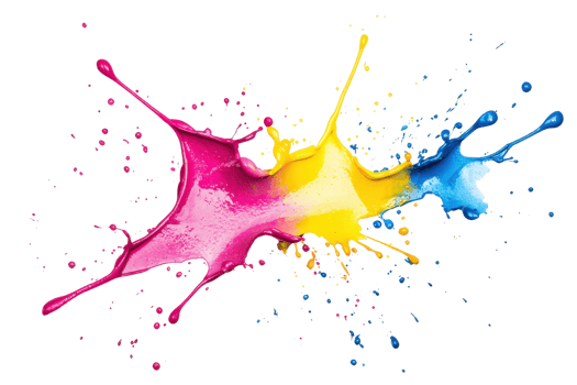Vibrant splash of pink, yellow, and blue paint on transparent background. Dynamic energy, creativity, and color expression in abstract form. png