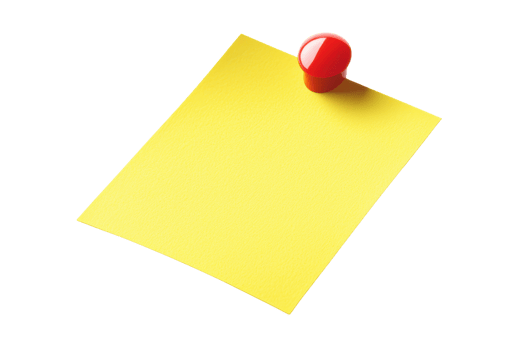 Yellow sticky note with red pushpin on transparent background. Ideal for reminders, messages, and office use. High-quality image for various purposes. png