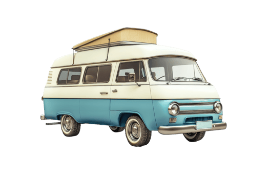 Vintage camper van with a pop-up roof, showcasing classic design and adventure-ready features for travelers seeking a nostalgic road trip experience. png