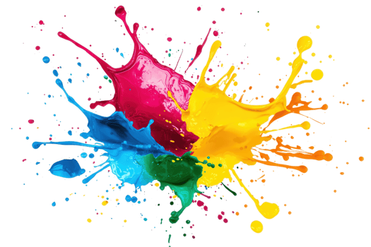 Vibrant paint splashes in blue, red, yellow, and green create an energetic and dynamic explosion of color on a transparent background. png