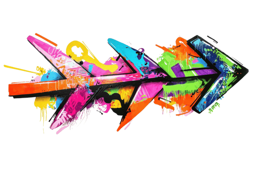 Vibrant multicolored arrow graffiti style artwork featuring dynamic and energetic brushstrokes in a bold, eye-catching design. png