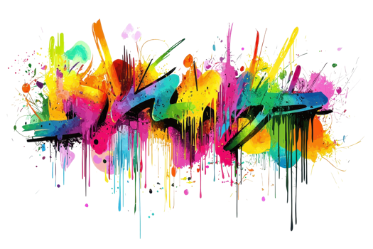 Vibrant urban graffiti art with bright, dripping paint strokes blending into a stunning, colorful abstract masterpiece on a transparent background. png