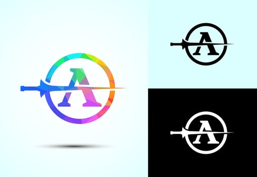 English alphabet A with spear lance. Creative spear logo design template vector
