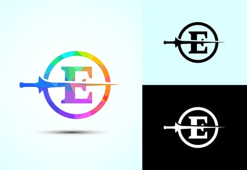 English alphabet E with spear lance. Creative spear logo design template vector