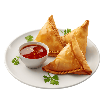 Golden Crispy Samosas on Transparent Background with a plate and a small cup of ketchup png