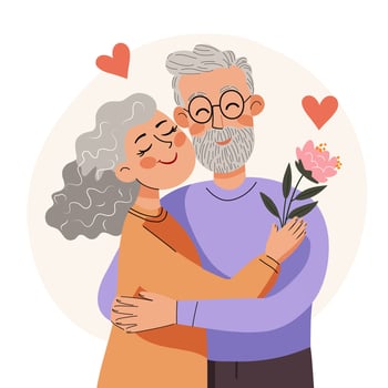 A cute senior couple embracing each other, smiling. illustration in flat style vector