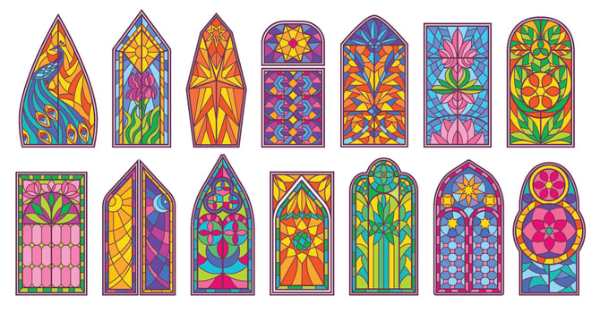 Stained glass windows. Colored art glass mosaics with ornamental floral patterns, medieval church window and decorative cathedral architecture geometric isolated illustrations set vector