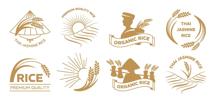 Thai jasmine rice emblems. Elegant badges with rice panicle, paddy field and farmer with Asian conical hats silhouettes. Agricultural product and farming branding templates set vector
