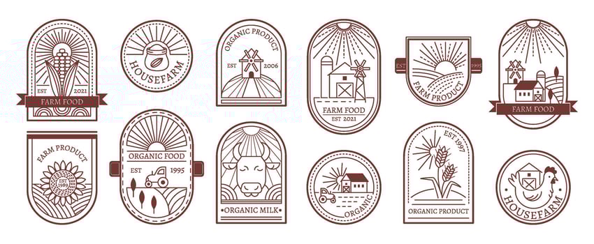 Farm food emblem. Vintage organic product labels and agriculture badges with barns, windmills, wheat fields and farm animals. Classic organic market branding templates set vector