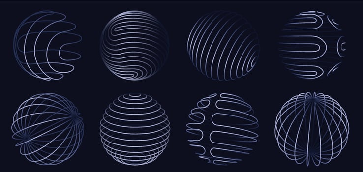 Sphere 3d wireframe lines. Abstract glowing digital globe designs with geometric curved line patterns, global networks spherical shapes and futuristic technology isolated set vector