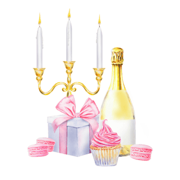Watercolor illustration of Gold candelabra with three lit white candles, bottle of champagne, pink cupcake, pastel macarons and gift box tied with pink ribbon perfect for wedding or holiday themes png