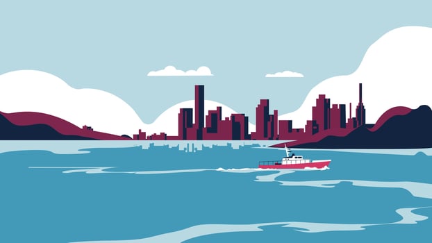 Serene Coastal Cityscape with Vibrant Skyline and Boat in Calm Waters vector