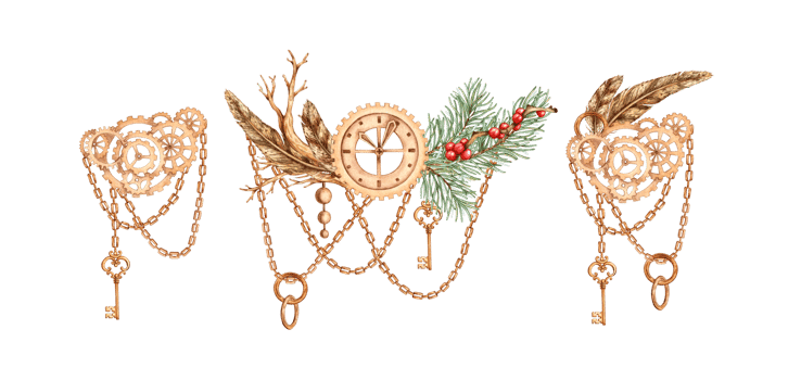Gears, feathers, dry branches, red berries, chains and pendants, key in steampunk style, set of watercolor illustrations. Mechanical souvenir in techno style. Christmas set isolated from background. png