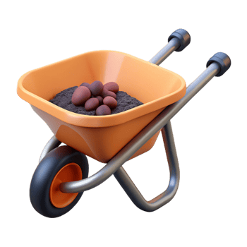 3D Render Orange Wheelbarrow with Soil and Stones png