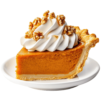 Indulgent Slice of Pumpkin Pie with Whipped Cream and Crunchy Nuts on a White Plate png